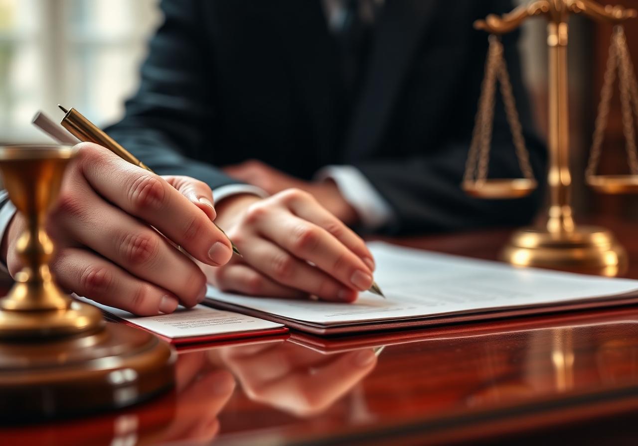 Advocate signing legal documents next to brass scales of justice — PCMC Pune practice